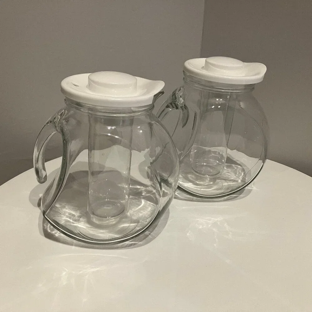 2 Crate & Barrel Iced Tea/Lemonade Glass Pitcher with Ice Insert and White Lid